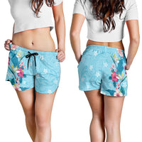 Hawaii Tropical Flowers Shorts for Women Polynesian Tattoo Sky Blue LT05 - Polynesian Pride
