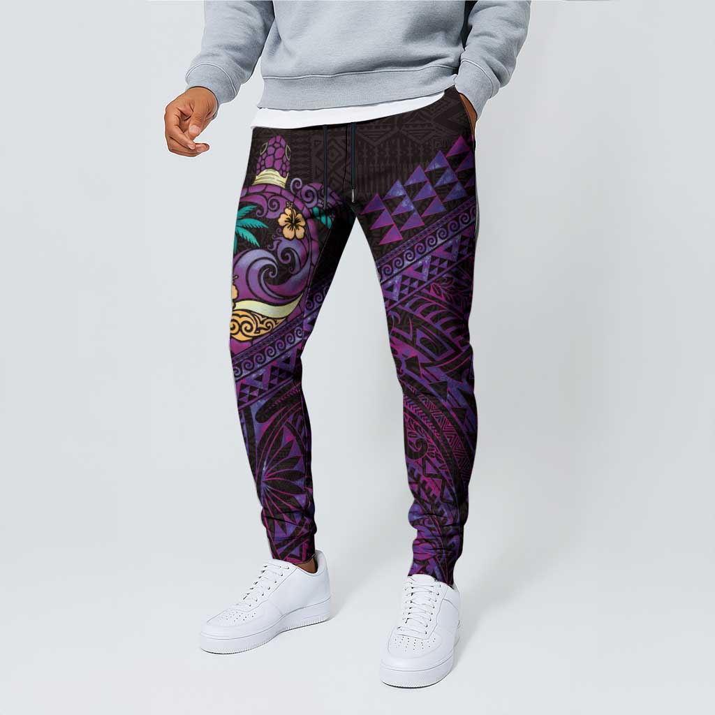 Hawaiian Abstract Sea Turtle Jogger Pants Polynesian Tapa Art and Kakau Tattoo Purple WaterColor - Polynesian Pride