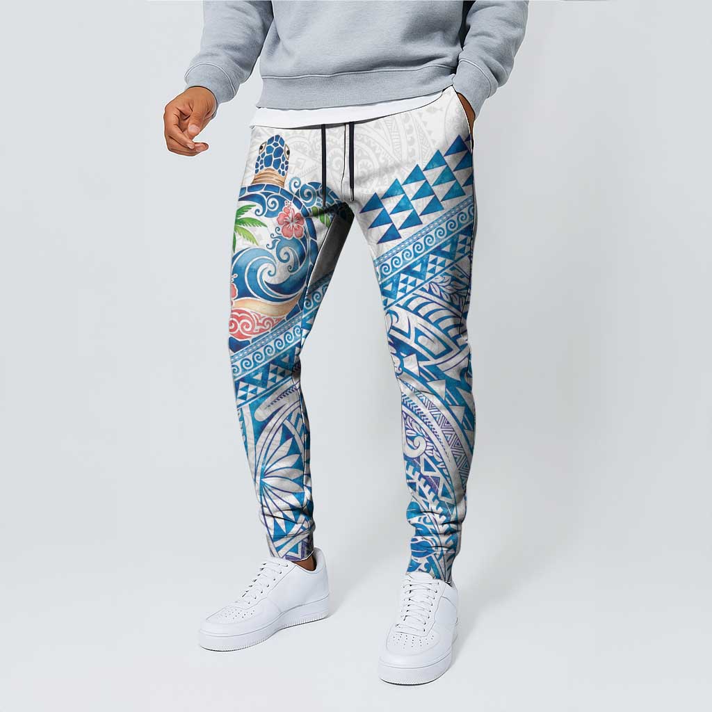 Hawaiian Abstract Sea Turtle Jogger Pants Polynesian Tapa Art and Kakau Tattoo White WaterColor - Polynesian Pride