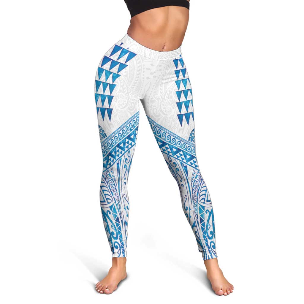 Hawaiian Abstract Sea Turtle Leggings Polynesian Tapa Art and Kakau Tattoo White WaterColor - Polynesian Pride