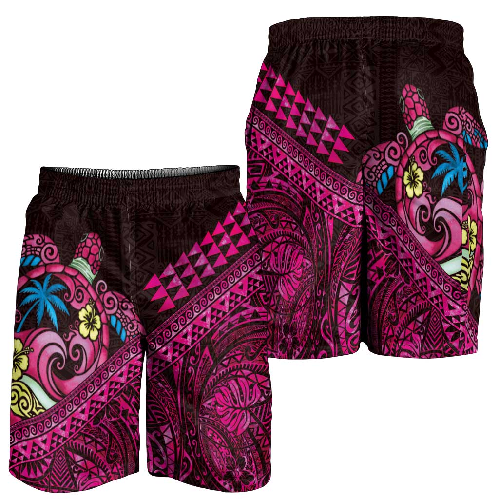 Hawaiian Abstract Sea Turtle Shorts for Men Polynesian Tapa Art and Kakau Tattoo Pink WaterColor - Polynesian Pride