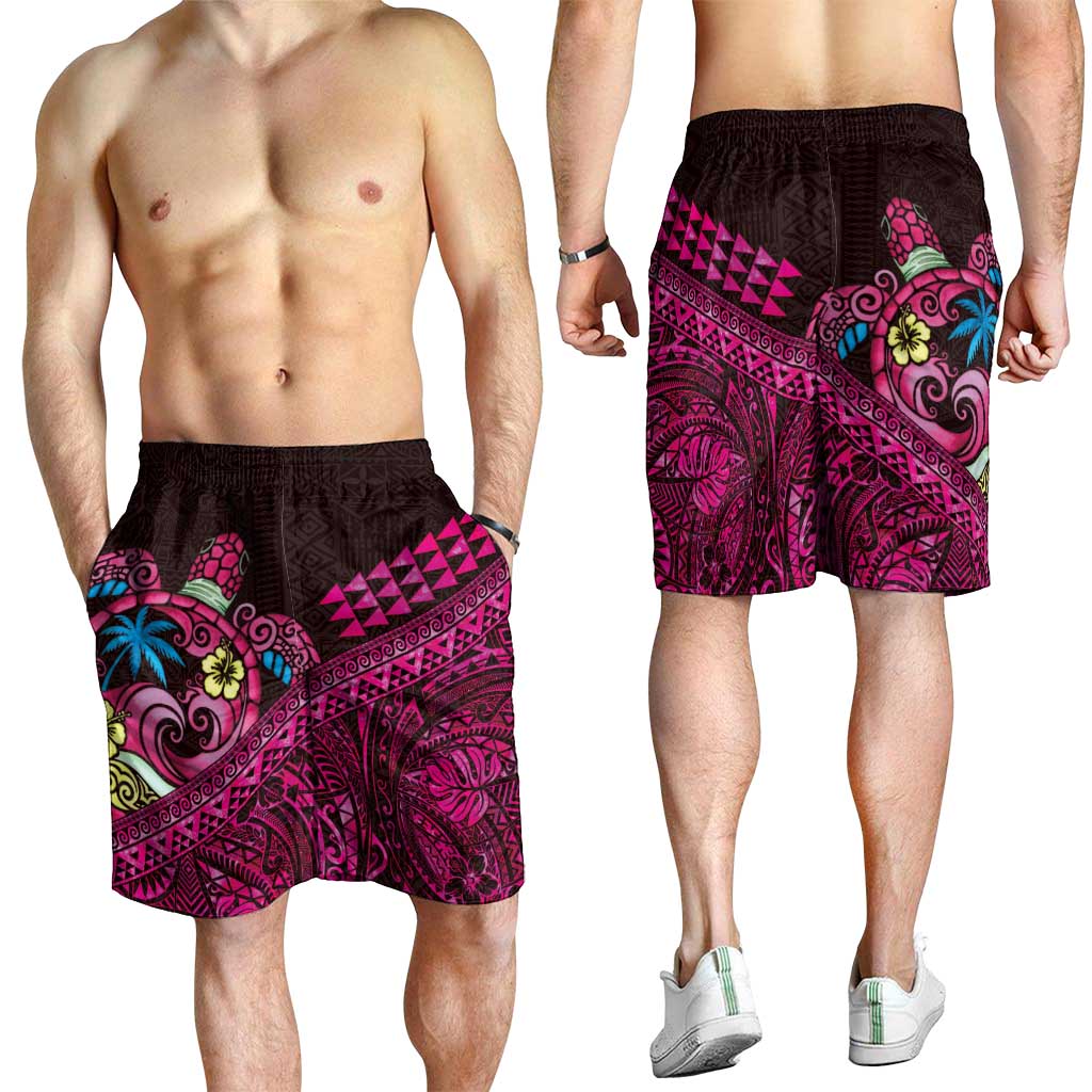 Hawaiian Abstract Sea Turtle Shorts for Men Polynesian Tapa Art and Kakau Tattoo Pink WaterColor - Polynesian Pride