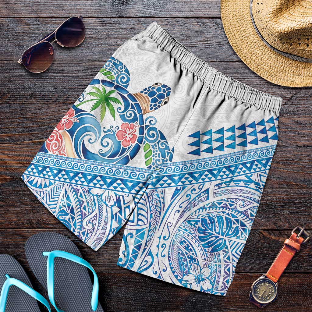 Hawaiian Abstract Sea Turtle Shorts for Men Polynesian Tapa Art and Kakau Tattoo White WaterColor - Polynesian Pride