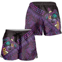 Hawaiian Abstract Sea Turtle Shorts for Women Polynesian Tapa Art and Kakau Tattoo Purple WaterColor - Polynesian Pride