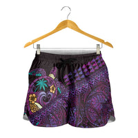 Hawaiian Abstract Sea Turtle Shorts for Women Polynesian Tapa Art and Kakau Tattoo Purple WaterColor - Polynesian Pride