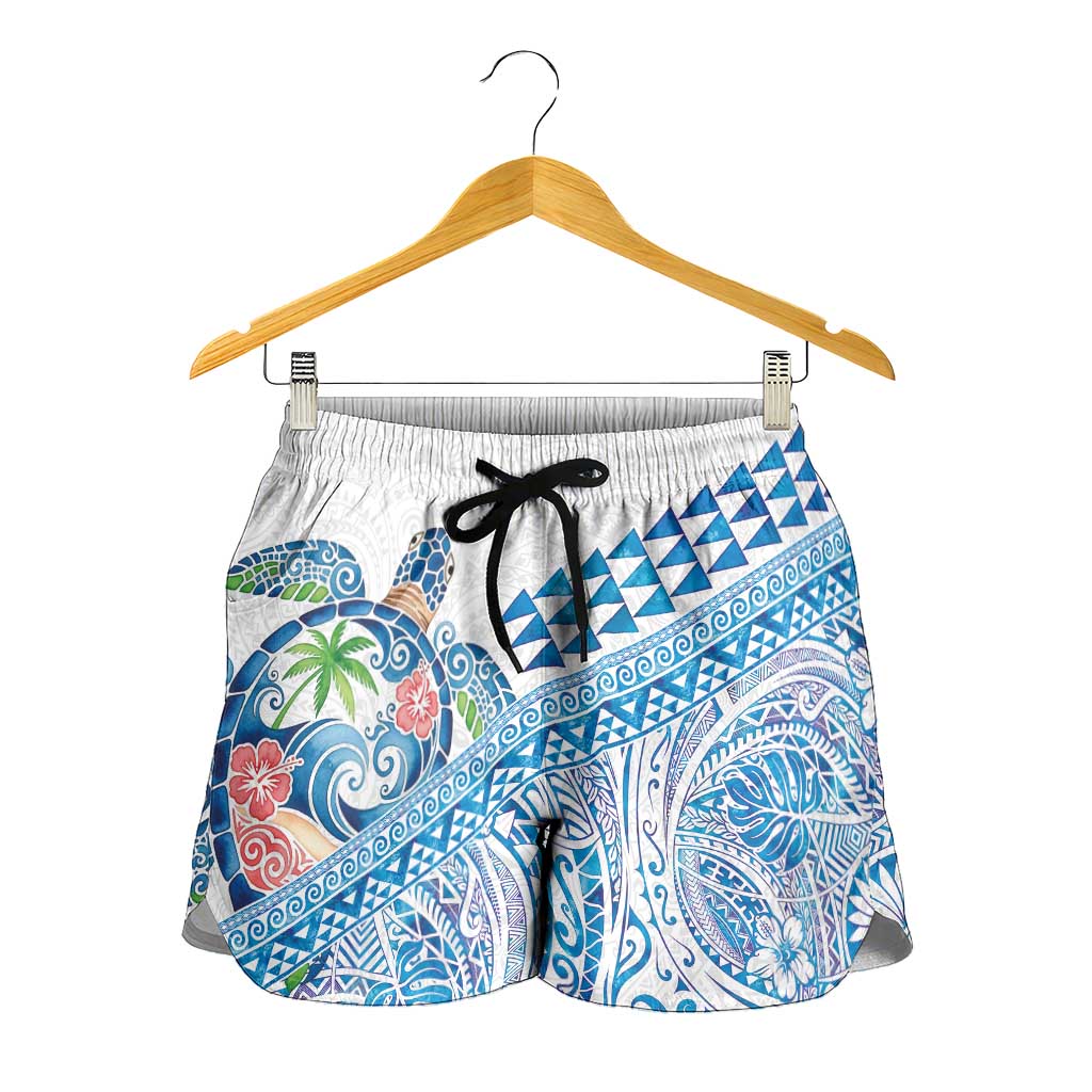 Hawaiian Abstract Sea Turtle Shorts for Women Polynesian Tapa Art and Kakau Tattoo White WaterColor - Polynesian Pride