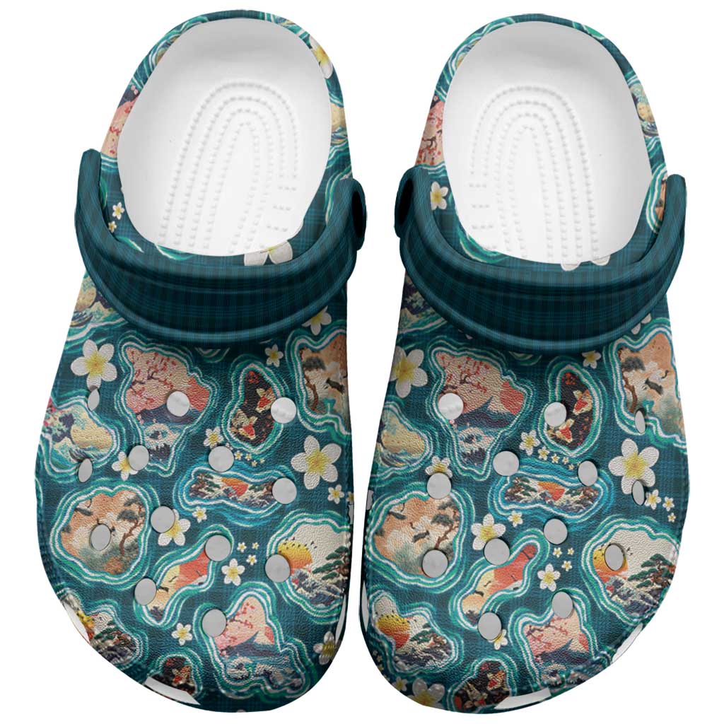 Hawaiian and Japanese Culture Together Clogs Shoes Hawaiian Island Shapes with Japanese Landscape Teal Color LT03 Teal - Polynesian Pride