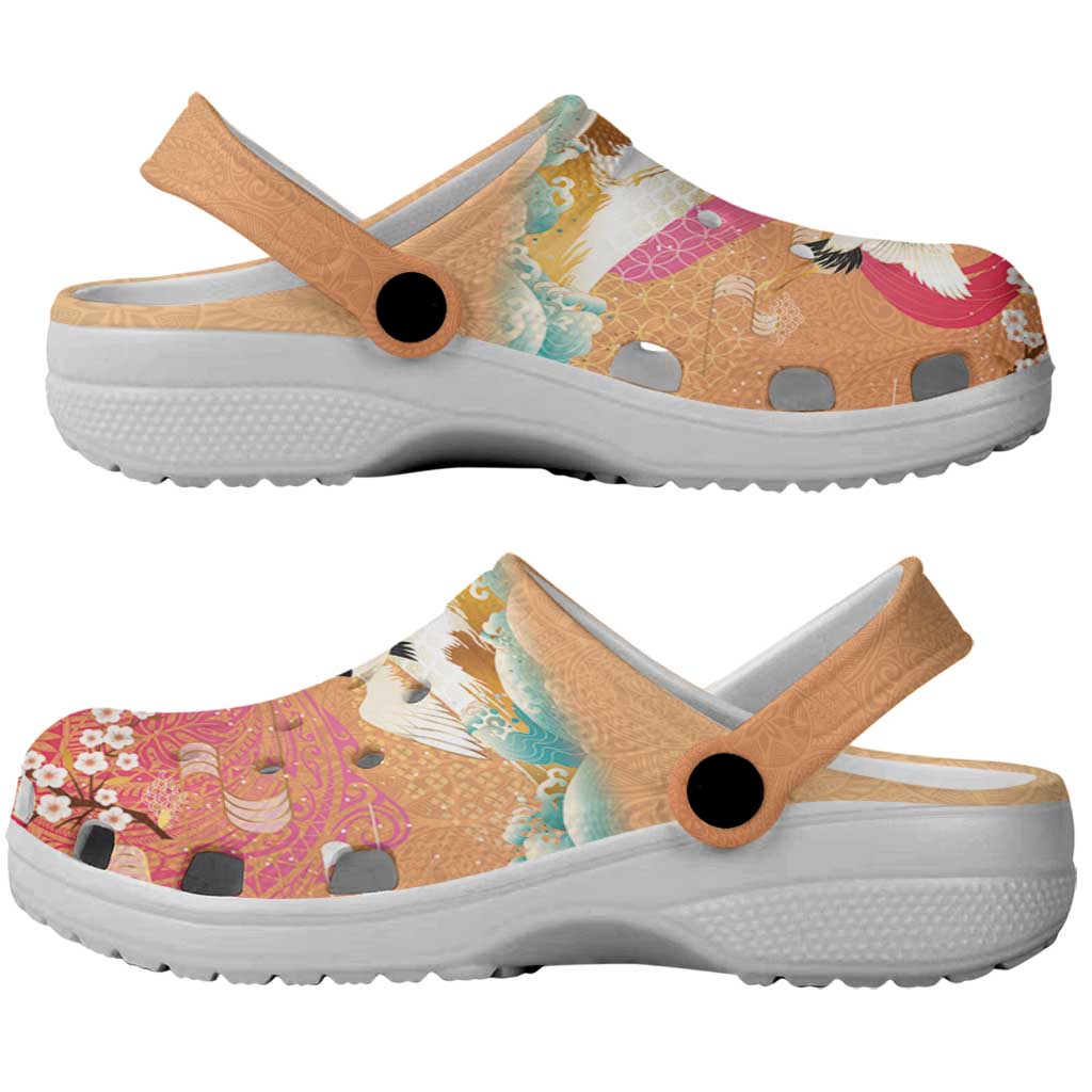Hawaiian and Japanese Culture Together Clogs Shoes Kakau Art Tattoo with Cranes and Sakura Spring Vibe LT03 - Polynesian Pride