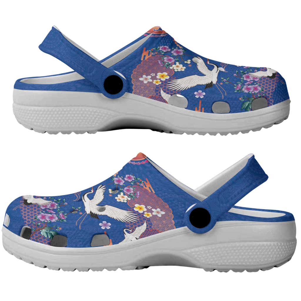 Hawaiian and Japanese Culture Together Clogs Shoes Kakau Tribal Pattern and Irezumi Art Blue Color