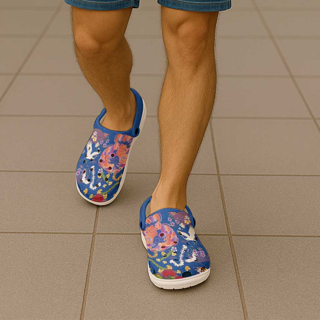 Hawaiian and Japanese Culture Together Clogs Shoes Kakau Tribal Pattern and Irezumi Art Blue Color