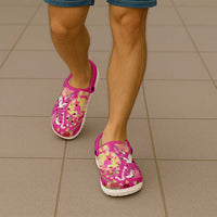 Hawaiian and Japanese Culture Together Clogs Shoes Kakau Tribal Pattern and Irezumi Art Pink Color