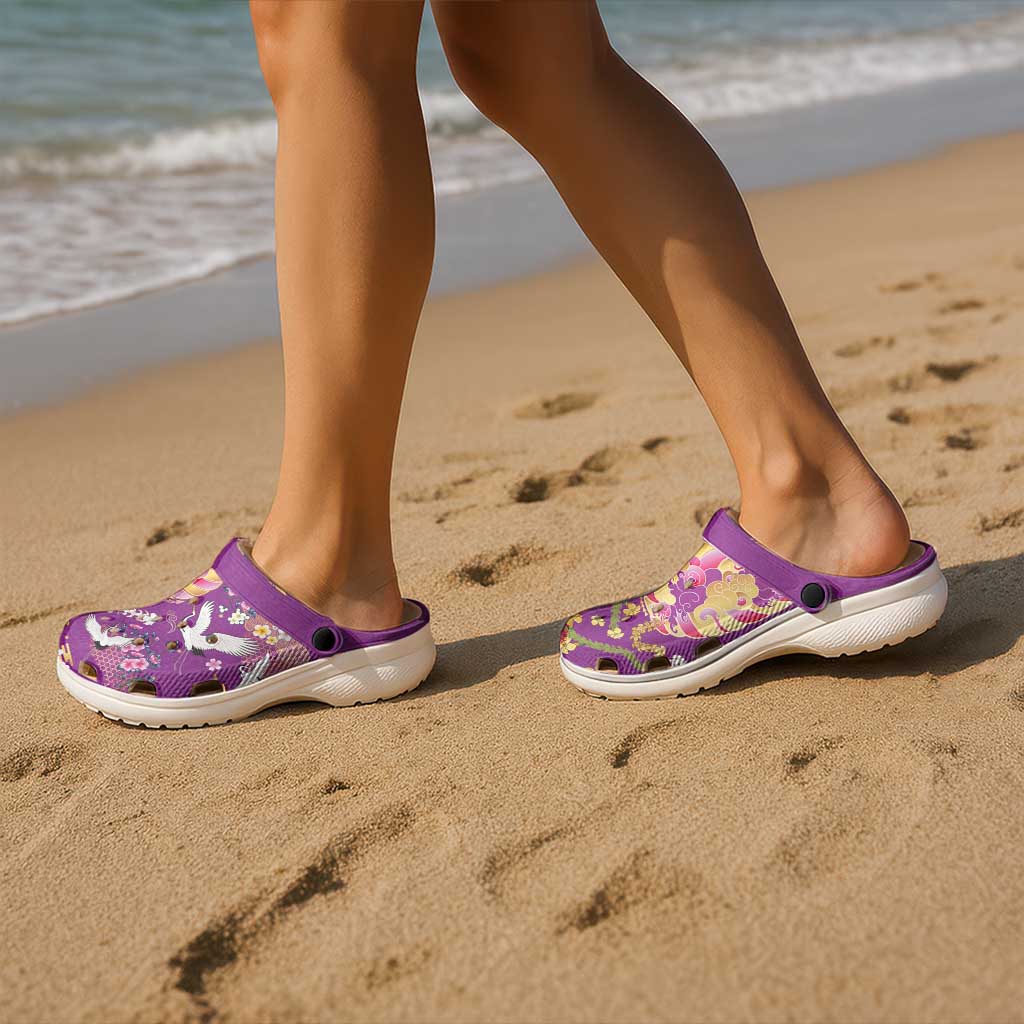 Hawaiian and Japanese Culture Together Clogs Shoes Kakau Tribal Pattern and Irezumi Art Purple Color