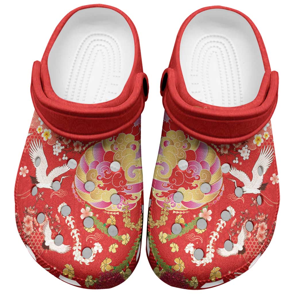 Hawaiian and Japanese Culture Together Clogs Shoes Kakau Tribal Pattern and Irezumi Art Red Color