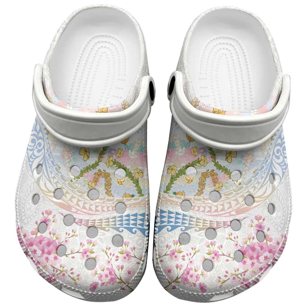 Hawaiian and Japanese Culture Together Clogs Shoes Tribal Motifs with Lei and Japanese Sakura Pattern LT03 White - Polynesian Pride