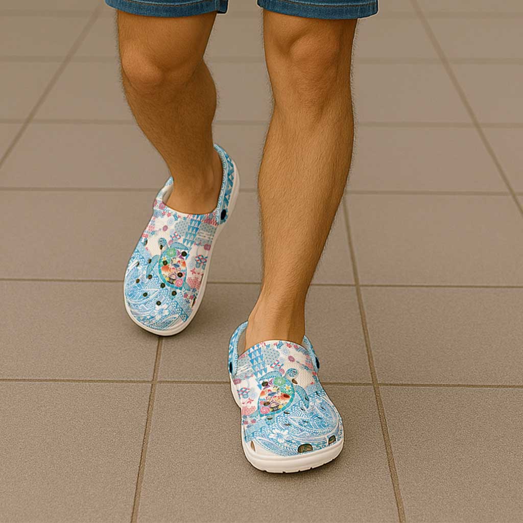 Hawaiian and Japanese Culture Together Clogs Shoes Tropical Honu with Japanese Elements Blue Color LT03 - Polynesian Pride