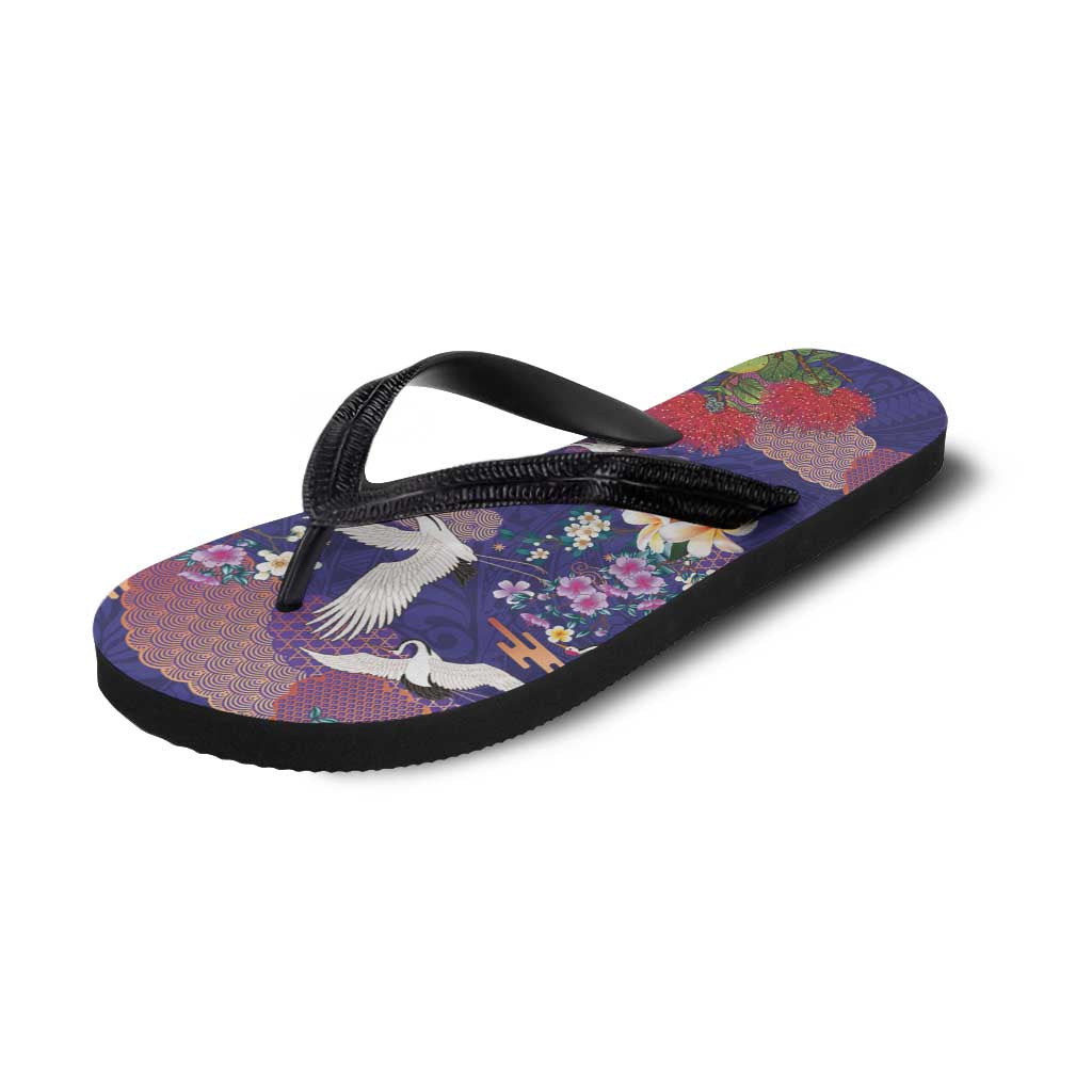 Hawaiian and Japanese Culture Together Flip Flops Blue Ohia Lehua Plumeria and Sakura Blooming - Polynesian Pride