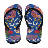 Hawaiian and Japanese Culture Together Flip Flops Kakau Tribal Pattern and Irezumi Art Blue Color