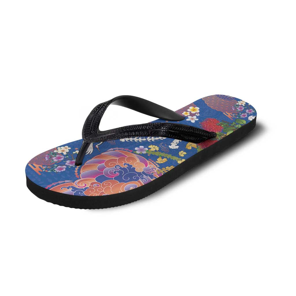 Hawaiian and Japanese Culture Together Flip Flops Kakau Tribal Pattern and Irezumi Art Blue Color