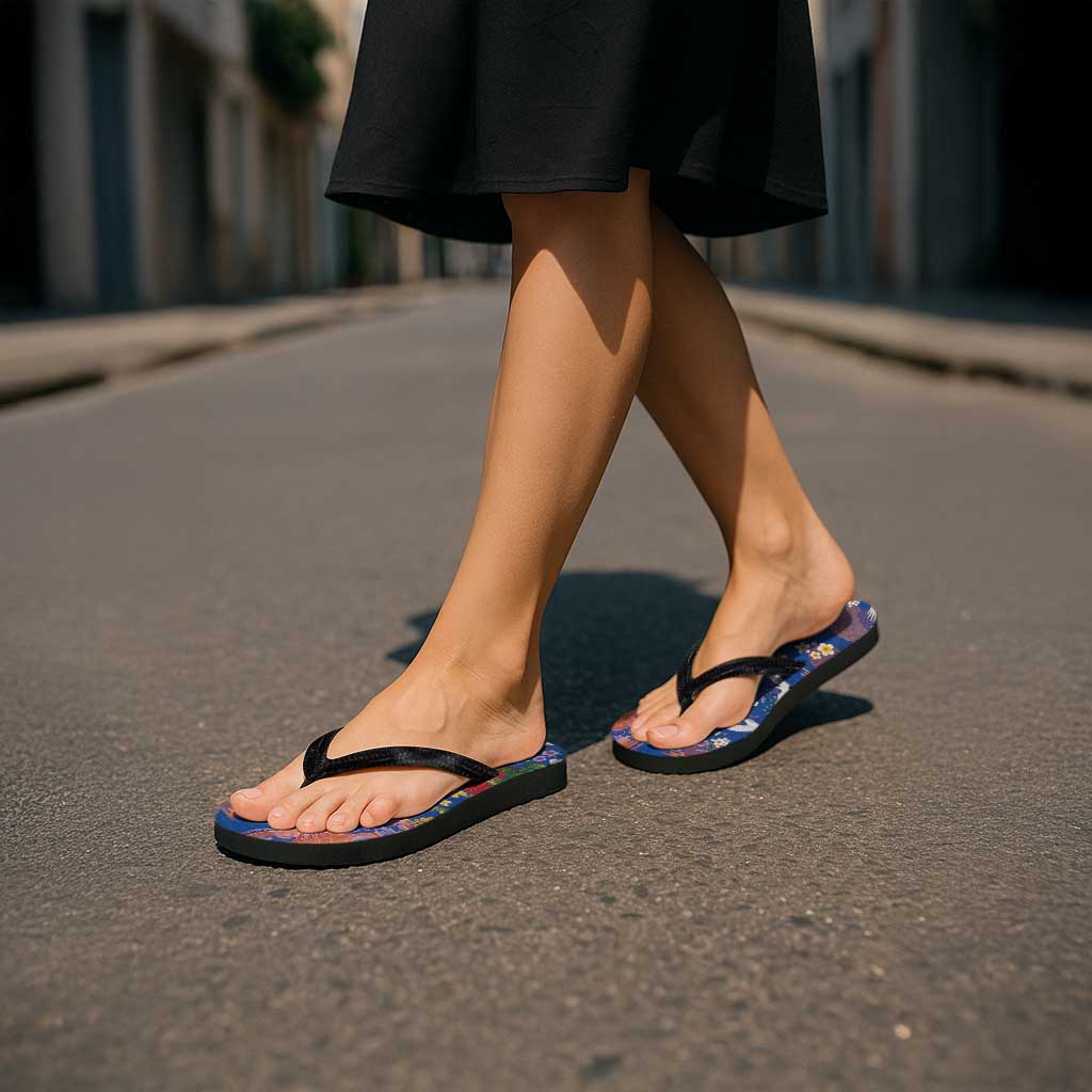 Hawaiian and Japanese Culture Together Flip Flops Kakau Tribal Pattern and Irezumi Art Blue Color