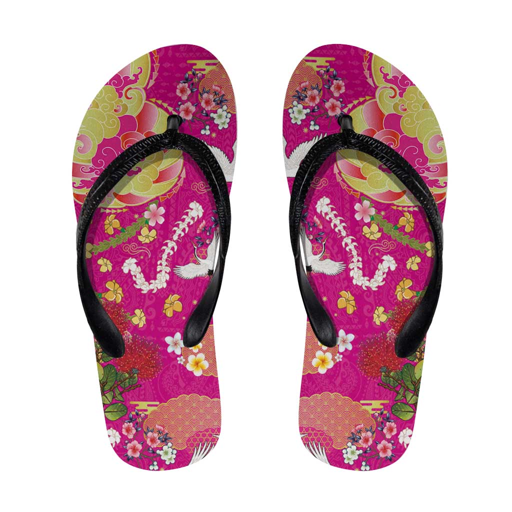 Hawaiian and Japanese Culture Together Flip Flops Kakau Tribal Pattern and Irezumi Art Pink Color