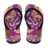 Hawaiian and Japanese Culture Together Flip Flops Kakau Tribal Pattern and Irezumi Art Purple Color