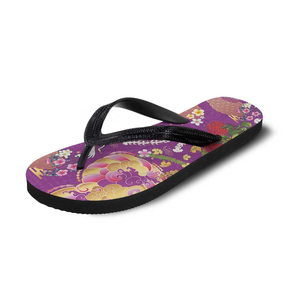 Hawaiian and Japanese Culture Together Flip Flops Kakau Tribal Pattern and Irezumi Art Purple Color
