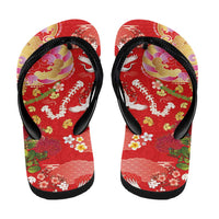 Hawaiian and Japanese Culture Together Flip Flops Kakau Tribal Pattern and Irezumi Art Red Color