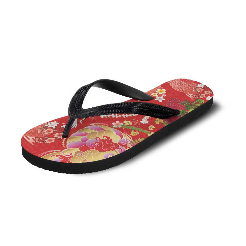 Hawaiian and Japanese Culture Together Flip Flops Kakau Tribal Pattern and Irezumi Art Red Color