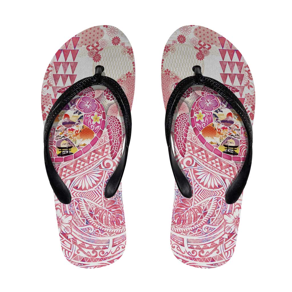 Hawaiian and Japanese Culture Together Flip Flops Tropical Honu with Japanese Elements Pink Color