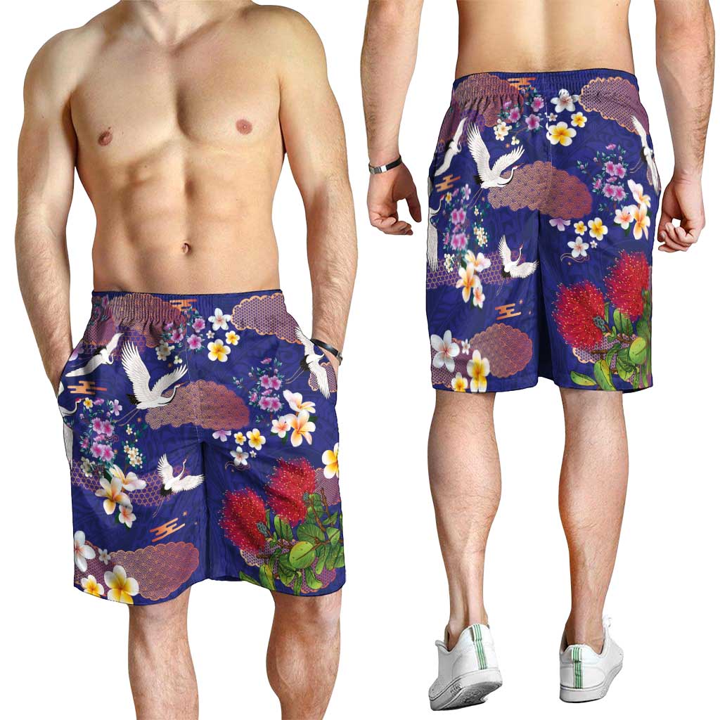 Hawaiian and Japanese Culture Together Shorts for Men Blue Ohia Lehua Plumeria and Sakura Blooming - Polynesian Pride