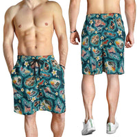Hawaiian and Japanese Culture Together Shorts for Men Hawaiian Island Shapes with Japanese Landscape Teal Color LT03 - Polynesian Pride