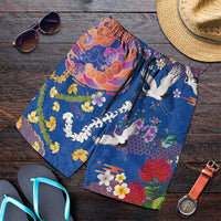 Hawaiian and Japanese Culture Together Shorts for Men Kakau Tribal Pattern and Irezumi Art Blue Color