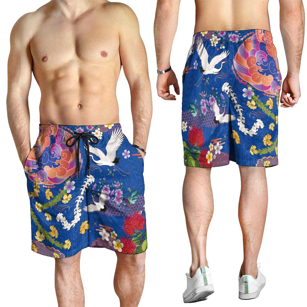 Hawaiian and Japanese Culture Together Shorts for Men Kakau Tribal Pattern and Irezumi Art Blue Color