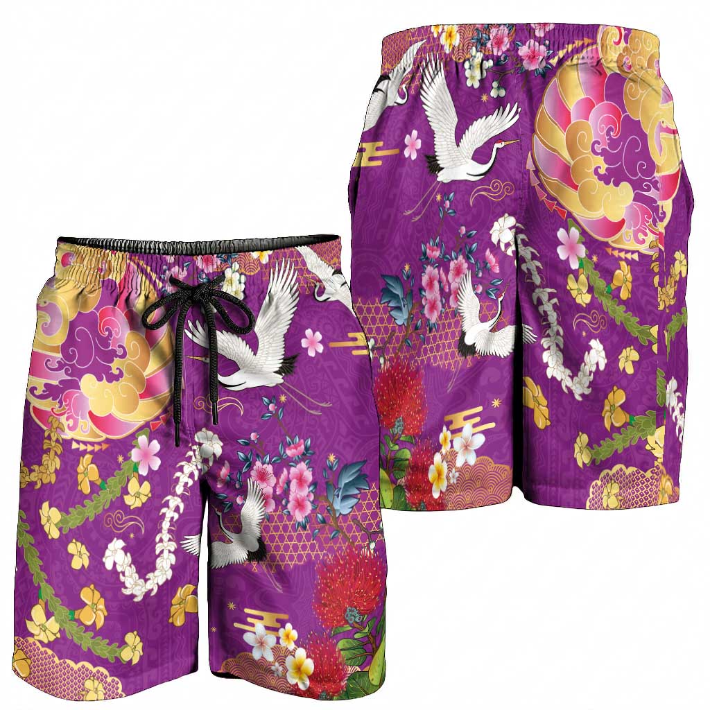 Hawaiian and Japanese Culture Together Shorts for Men Kakau Tribal Pattern and Irezumi Art Purple Color