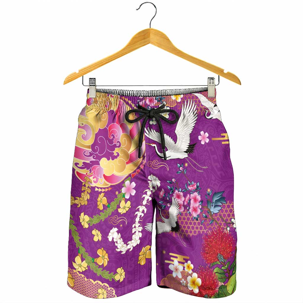 Hawaiian and Japanese Culture Together Shorts for Men Kakau Tribal Pattern and Irezumi Art Purple Color