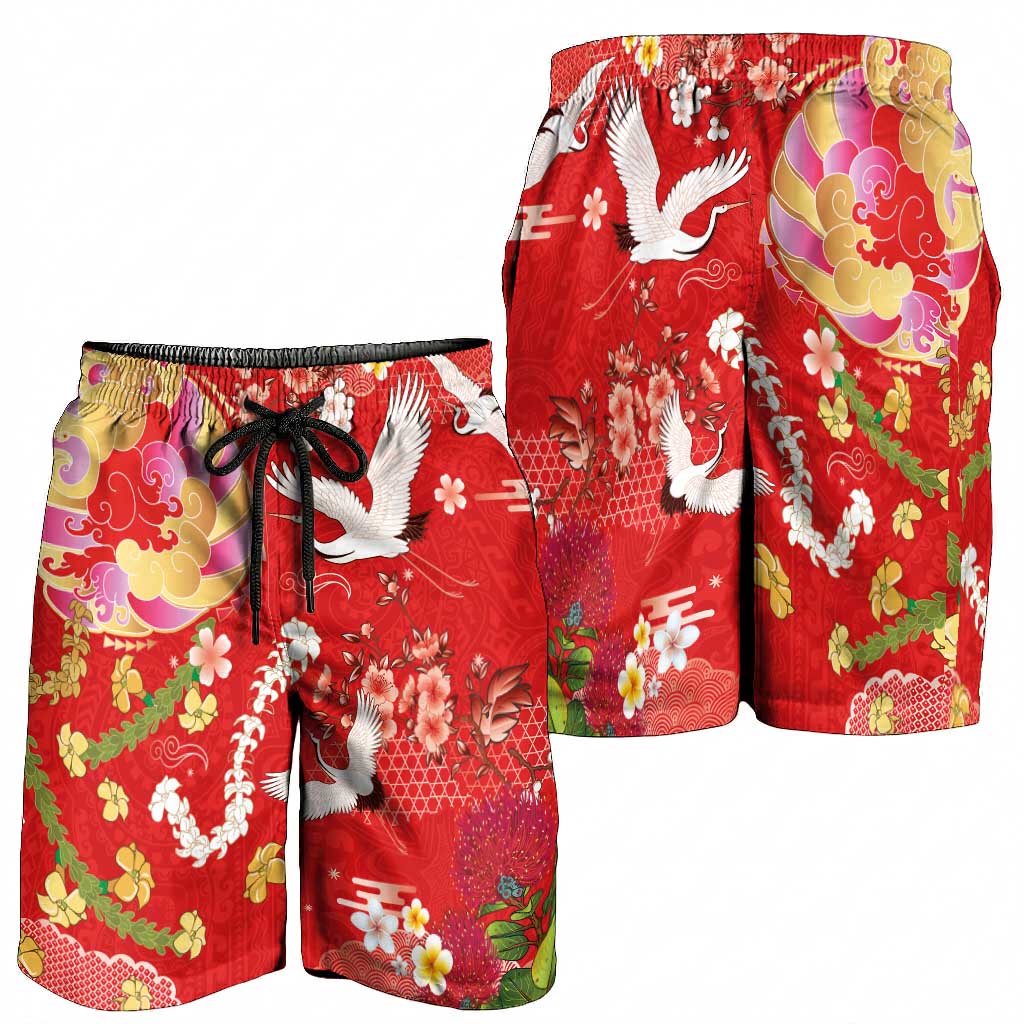 Hawaiian and Japanese Culture Together Shorts for Men Kakau Tribal Pattern and Irezumi Art Red Color