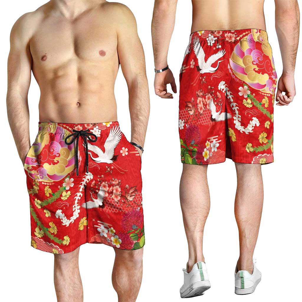 Hawaiian and Japanese Culture Together Shorts for Men Kakau Tribal Pattern and Irezumi Art Red Color