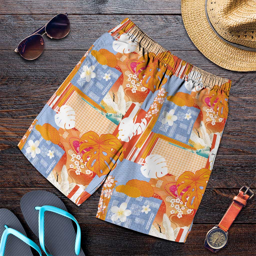 Hawaiian and Japanese Culture Together Shorts for Men Palaka Japanese Art and Tropical Motif Tribal Patchwork