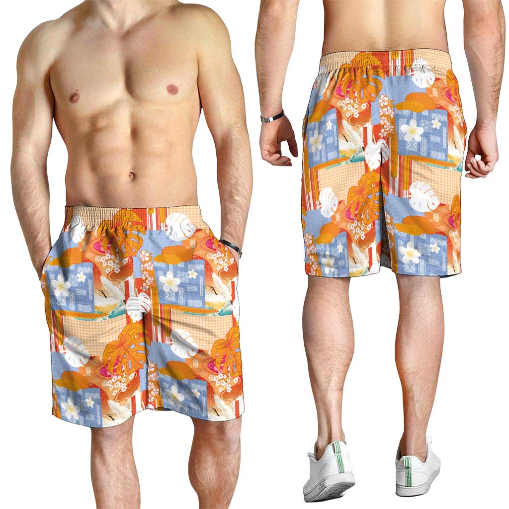 Hawaiian and Japanese Culture Together Shorts for Men Palaka Japanese Art and Tropical Motif Tribal Patchwork