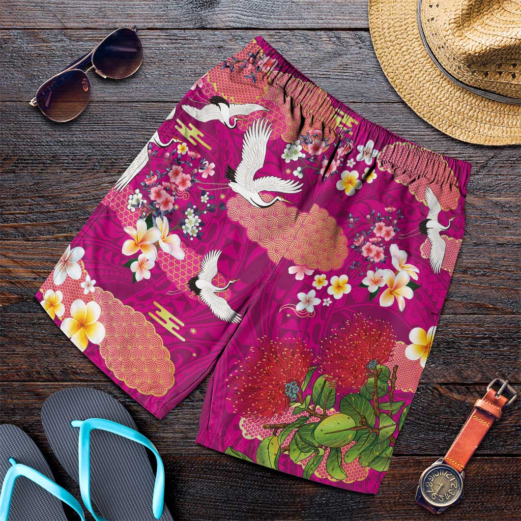 Hawaiian and Japanese Culture Together Shorts for Men Pink Ohia Lehua Plumeria and Sakura Blooming - Polynesian Pride