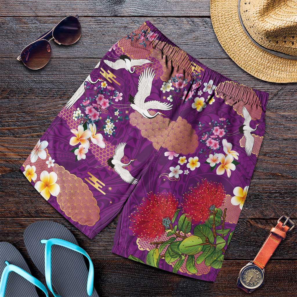 Hawaiian and Japanese Culture Together Shorts for Men Purple Ohia Lehua Plumeria and Sakura Blooming - Polynesian Pride