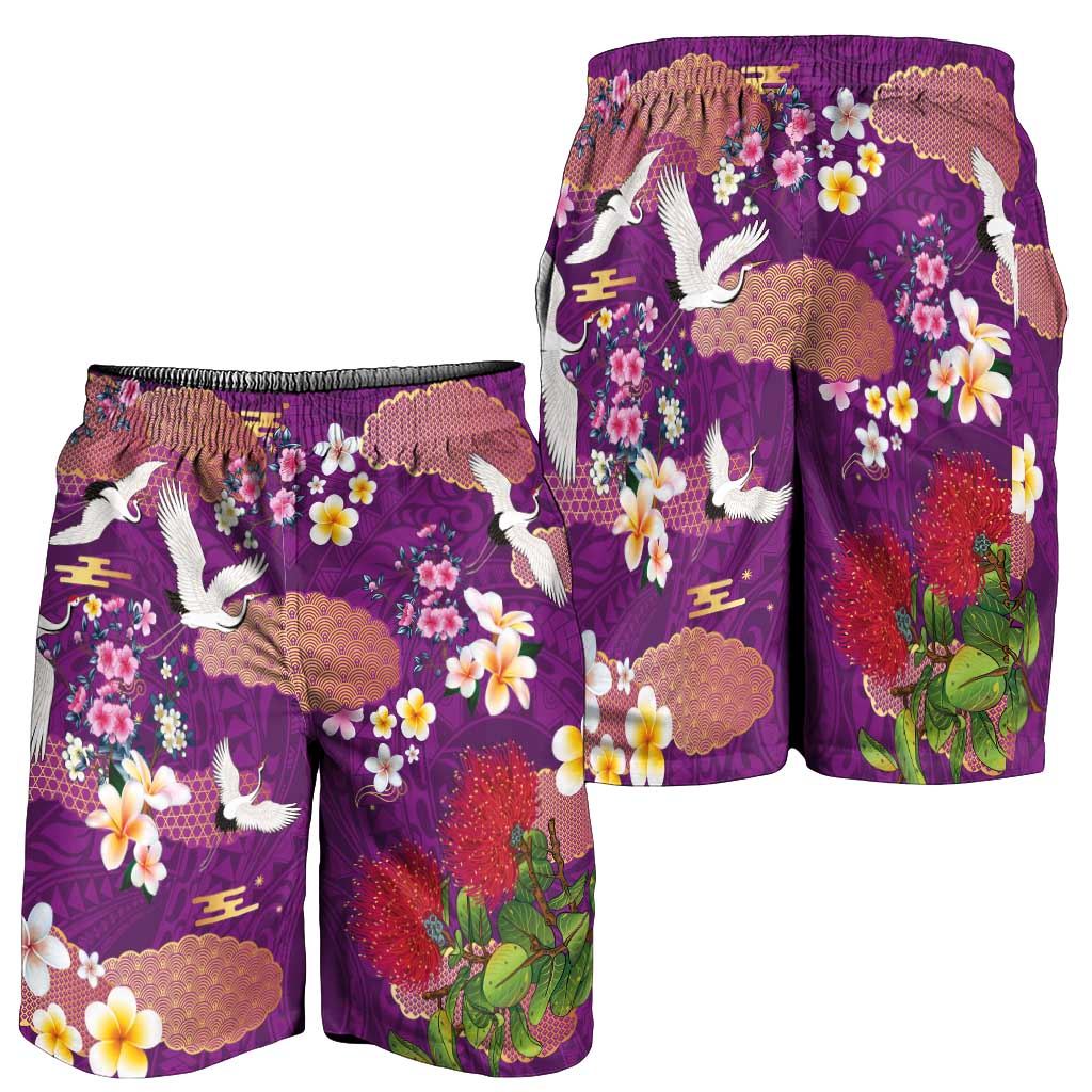 Hawaiian and Japanese Culture Together Shorts for Men Purple Ohia Lehua Plumeria and Sakura Blooming - Polynesian Pride
