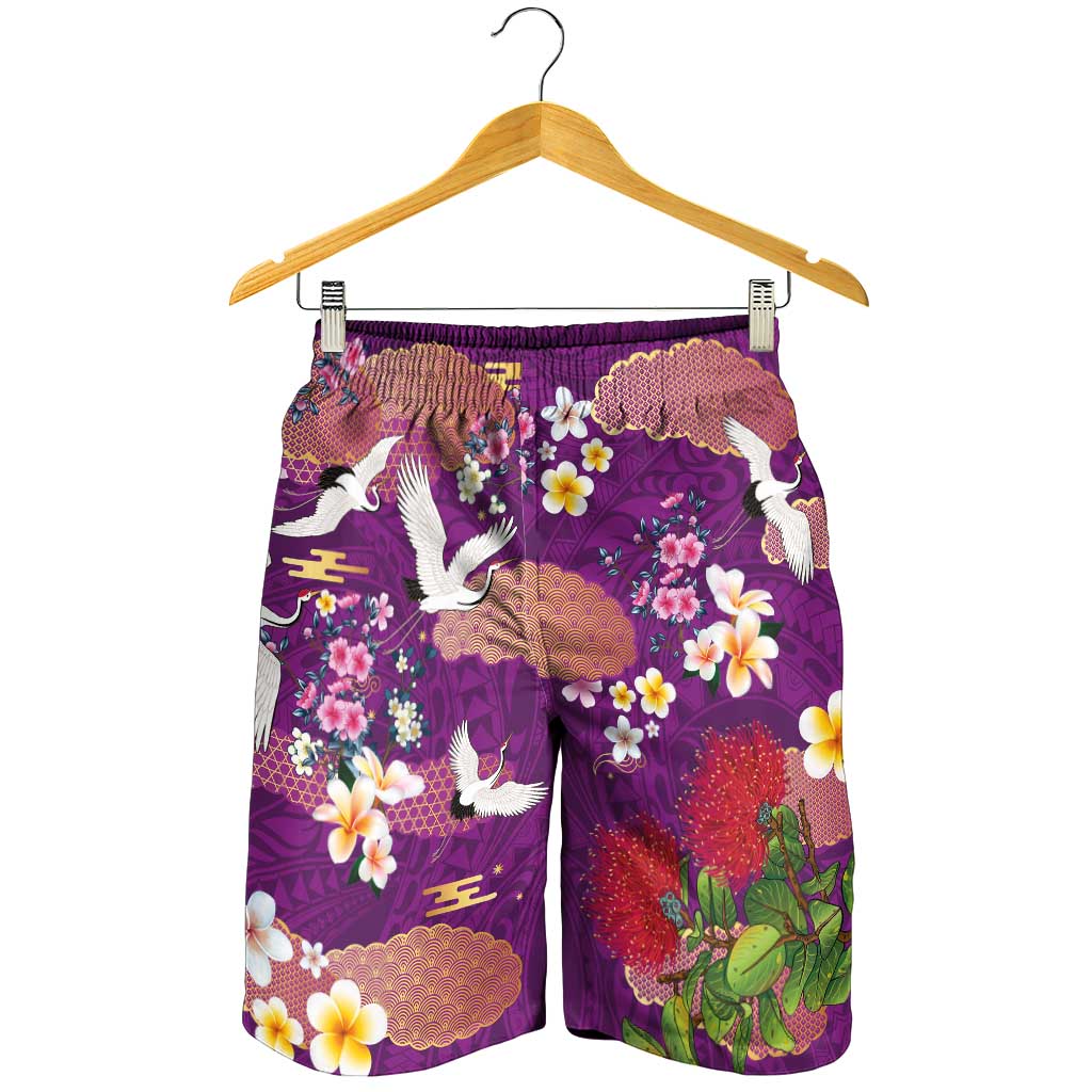Hawaiian and Japanese Culture Together Shorts for Men Purple Ohia Lehua Plumeria and Sakura Blooming - Polynesian Pride