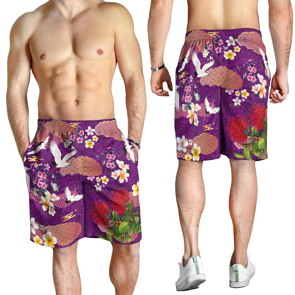 Hawaiian and Japanese Culture Together Shorts for Men Purple Ohia Lehua Plumeria and Sakura Blooming - Polynesian Pride