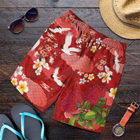 Hawaiian and Japanese Culture Together Shorts for Men Red Ohia Lehua Plumeria and Sakura Blooming - Polynesian Pride