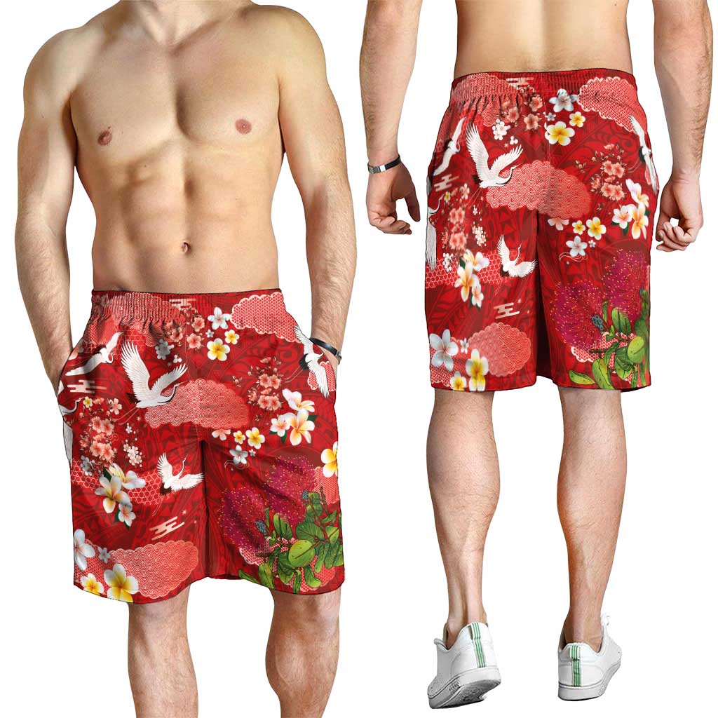 Hawaiian and Japanese Culture Together Shorts for Men Red Ohia Lehua Plumeria and Sakura Blooming - Polynesian Pride