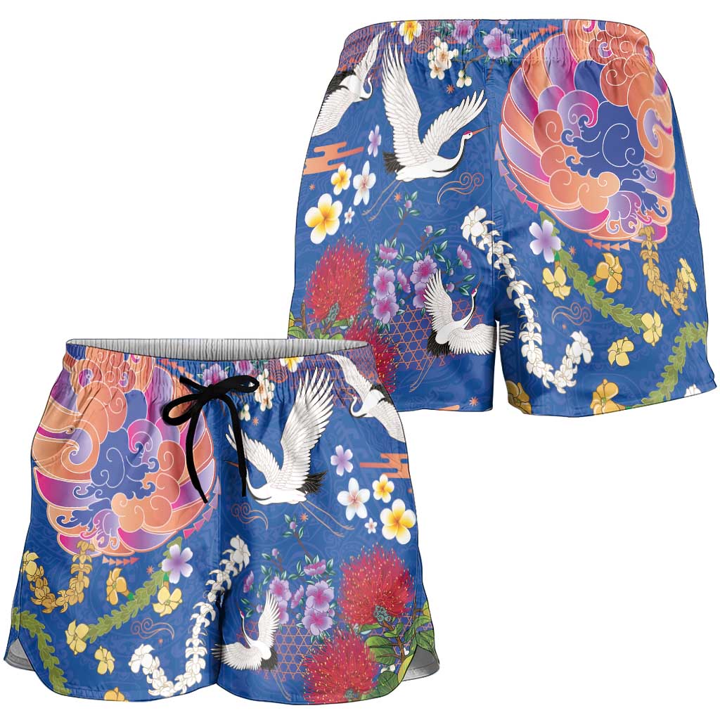 Hawaiian and Japanese Culture Together Shorts for Women Kakau Tribal Pattern and Irezumi Art Blue Color