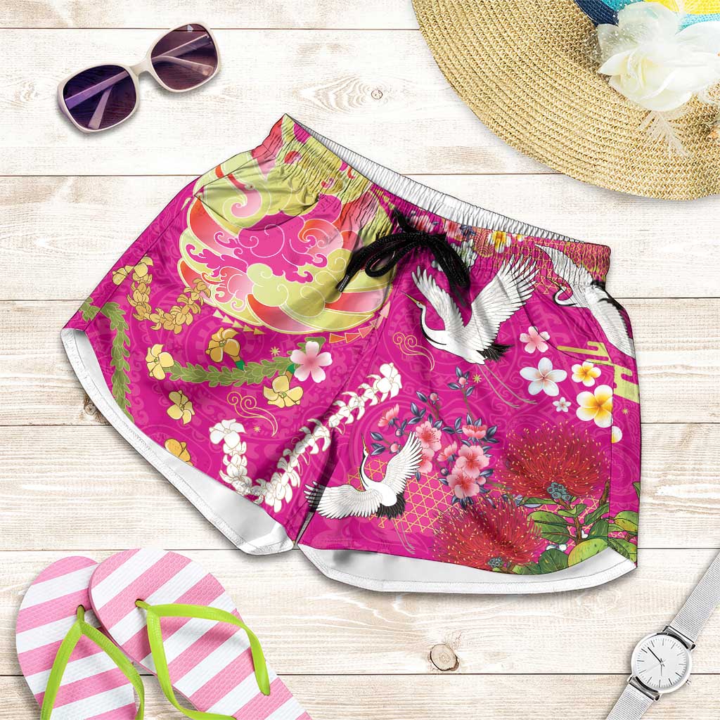 Hawaiian and Japanese Culture Together Shorts for Women Kakau Tribal Pattern and Irezumi Art Pink Color