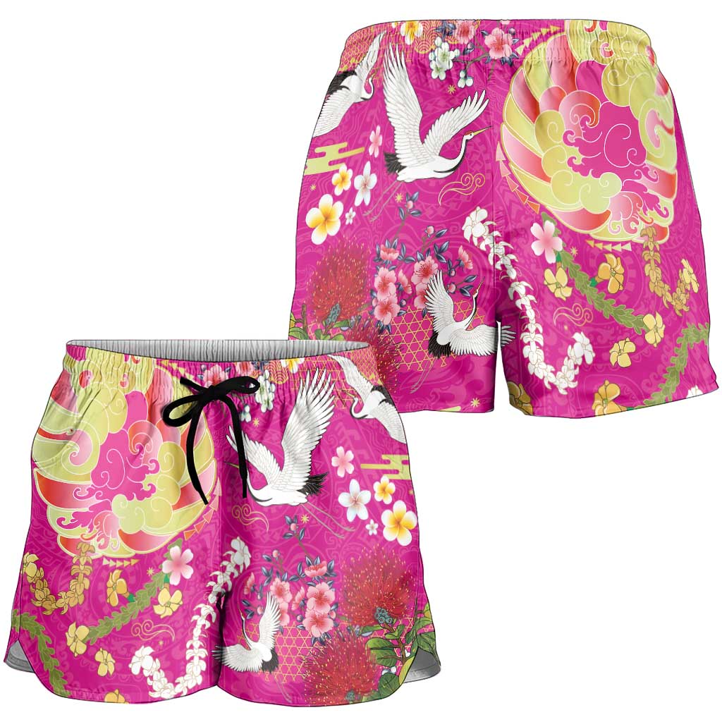 Hawaiian and Japanese Culture Together Shorts for Women Kakau Tribal Pattern and Irezumi Art Pink Color