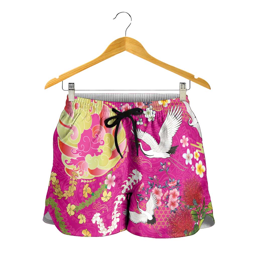 Hawaiian and Japanese Culture Together Shorts for Women Kakau Tribal Pattern and Irezumi Art Pink Color